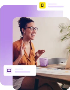 Smiling lady on a video call on a laptop